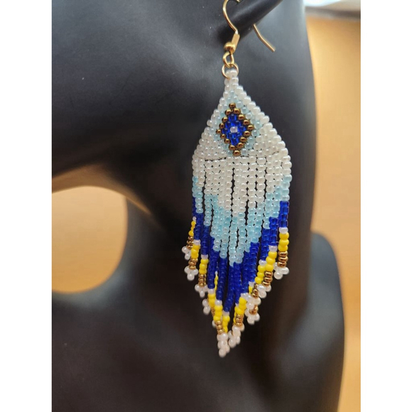 Handcrafted Beaded Fringe Earrings Blue White Yellow - Picture 2 of 9